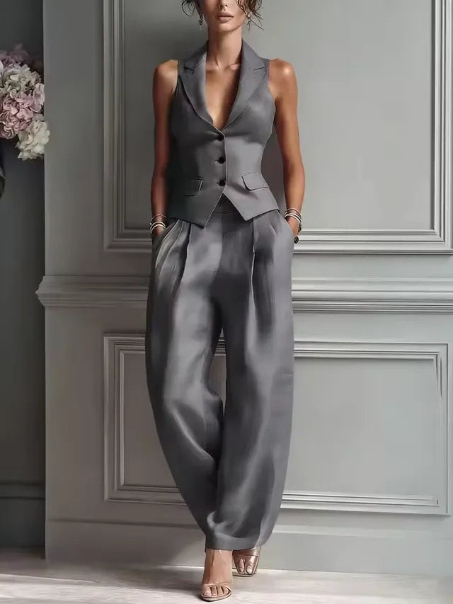 Conjunto de dos piezas para mujer de verano 2026: top sin mangas de un solo botón y pantalón. Traje de oficina para mujer.