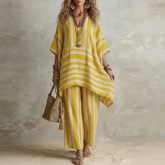 Conjunto de 2 piezas con estampado de rayas vintage para mujer, top de manga corta con cuello en V y pantalones de pierna ancha, ideal para primavera y verano