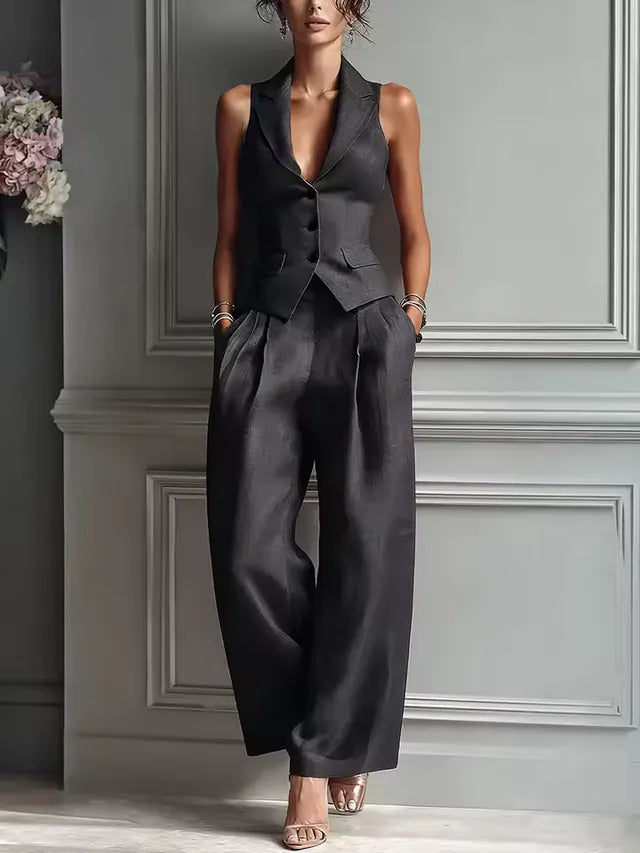 Women's two-piece chiffon outfit, casual wide-leg ruffled pants set with asymmetrical layers, ideal for wedding guests or everyday wear