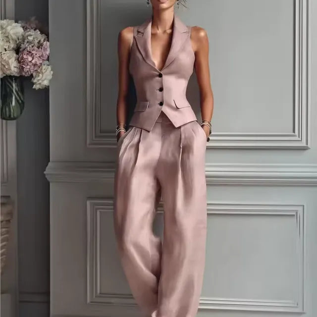 Women's two-piece chiffon outfit, casual wide-leg ruffled pants set with asymmetrical layers, ideal for wedding guests or everyday wear