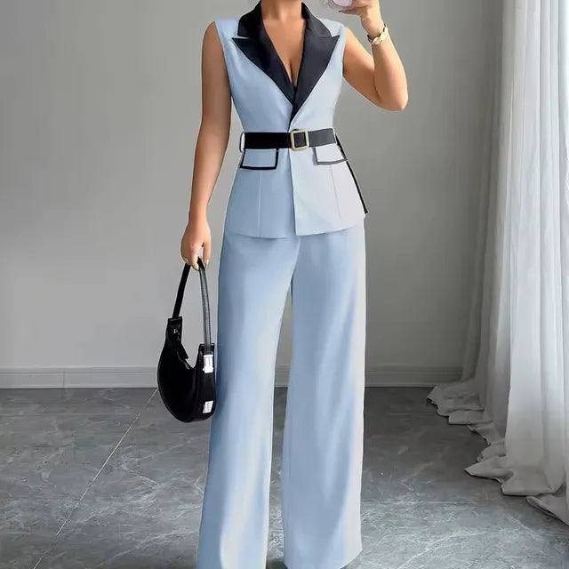 Women's Elegant Sleeveless Blazer Vest and Belted Wide Leg Pants Set
